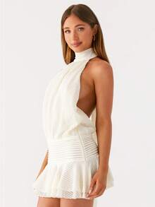 Women's Pleated Waist Sheer Mesh Ruffle Mini Dress Summer Casual Halter Neck High Neck Bodycon Short Dress Self-Tie Backless Sundress Party Clubwear - 象牙白 - 查看 3