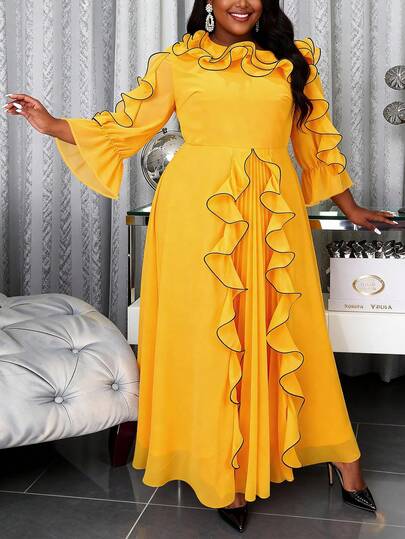 大码女士黄色优雅雪纺A字连衣裙，荷叶边装饰，七分袖，适合春季婚礼宾客及教堂穿着