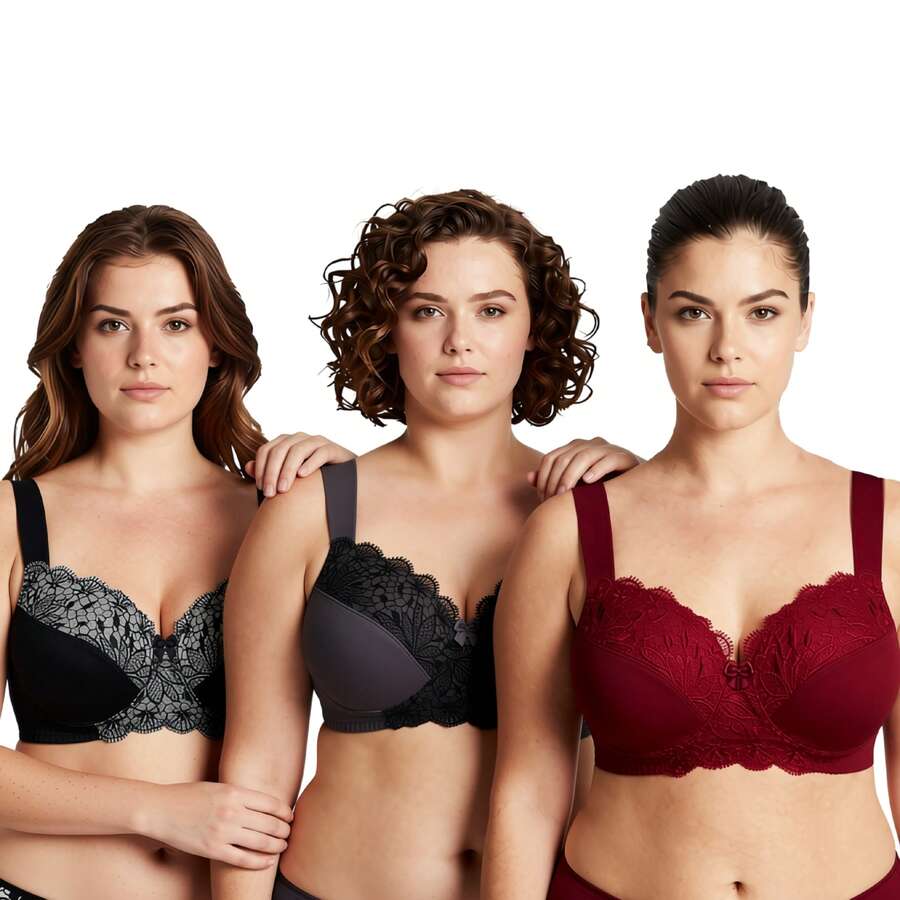 Plus Size Unlined Minimizer Wirefree Bras With Embroidery Lace - Burgundy,Black,Grey(3 Pack) - View 1