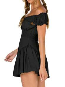 Women Summer Short Dress Solid Color Ruched Bust Boat Neck Off Shoulder Puff Sleeve A-Line One Piece For Ladies - Black - View 5