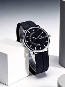 1pc Fashion Business Round Dial Men's Watch With Calendar Display, Silicone Strap And Magnetic Buckle, Suitable For Daily Wear And Great Gift Choice, No Packaging Included - Black - View 3