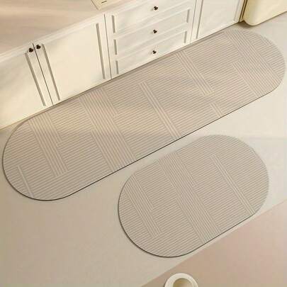 1pc Minimalist Geometric Line Kitchen Mat, Nordic Style Kitchen Floor Mat, Beige Geometric Oval Design, Minimalist Style, Water-Absorbing Diatomite Material, Kitchen Rug, Japanese Pattern, Home Decor Indoor, Bedside Accessory, Spring Decoration Gift, Kitchen Carpet, Kitchen Mat, Kitchen Floor Rug, Doormat, Small Rug, Carpet, Runner Rug, Home Decor, Area Rug, Bedroom Rug, Washable Rug