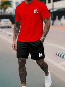 New York City NY 2-Piece Set - Men's 100% Cotton T-Shirt + Lightweight Comfortable Tactel Shorts - Men's Streetwear Fashion - New Arrival - Immediate Shipping - 紅色 - 查看 2