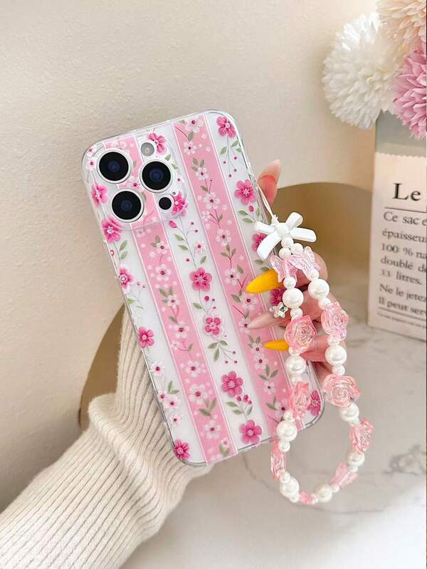 1pc Transparent Ditsy Floral Painted Thick Anti-Drop Painted Phone Case With Decorative Beaded Bracelet, Compatible With IPhone 17pro/17Air /17/17promax16/11/16pro/16plus/16promax/16e/15Promax/13/14/12/XS/XR/7G/8P, Galaxy 11/12Pro/12/12X/13Pro/14Pro/15Pro/, 10/9/Note9/12c/Note11pro/Note8Pro