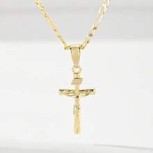 1pc Classic European And American Style Copper Cross Pendant Necklace, Suitable For Stacking, Limited Edition "Light Of Protection", Suitable As Gift For Christmas/Thanksgiving/Halloween/Mother's Day/Valentine's Day, Couples/Friends/Believers, First Holy Communion, Daily And Holiday Wear, Prayer - Yellow Gold - View 3