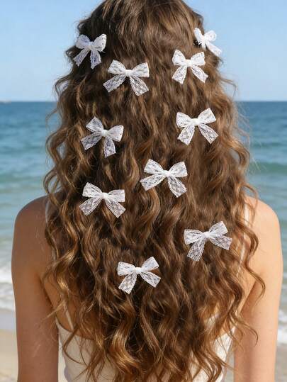 10pcs Cute & Versatile White Mesh Bow Hair Clips