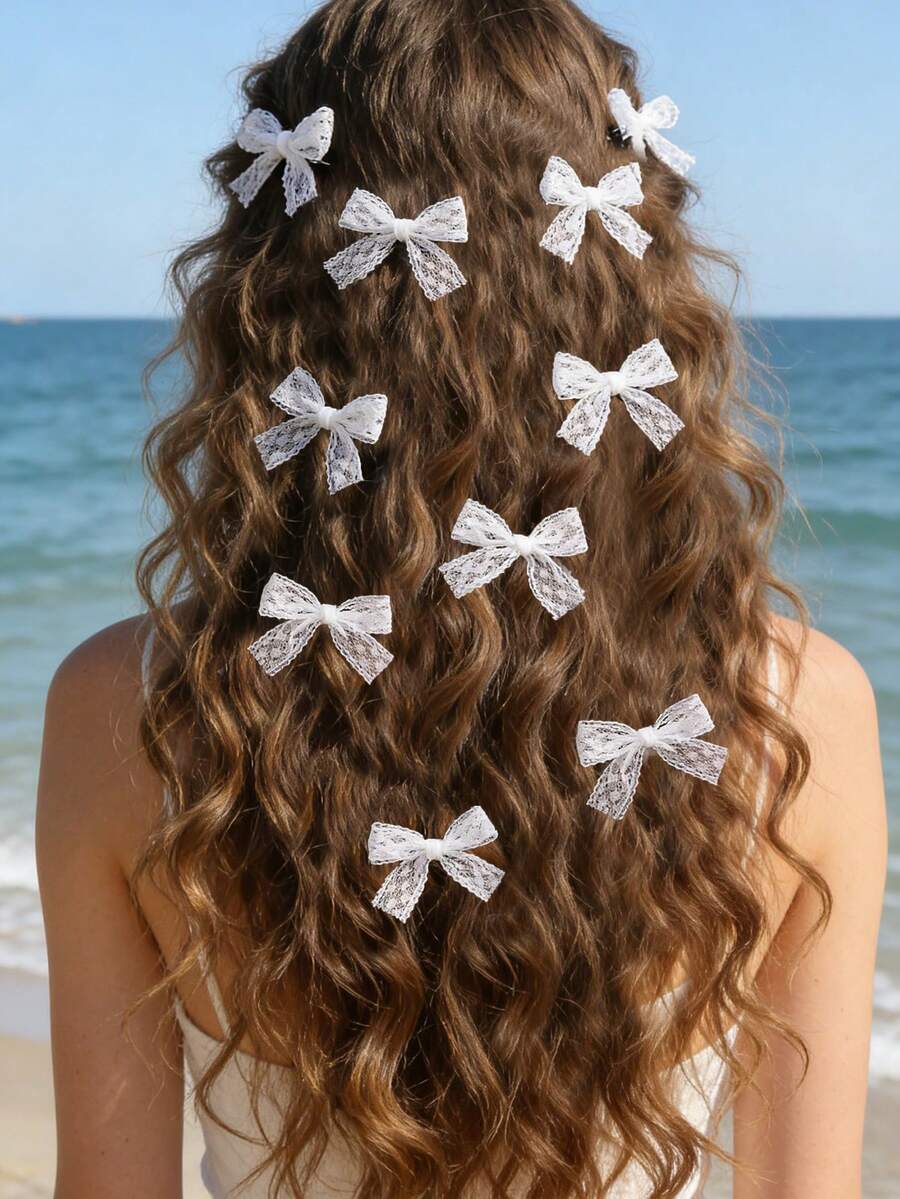 10pcs Cute & Versatile White Mesh Bow Hair Clips - Multicolor - View 1