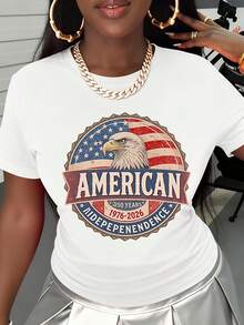 Camiseta de Manga Corta con Estampado de la Bandera del Águila para el 250 Aniversario del Día de la Independencia Americana, Ropa Casual Patriótica para Mujer - Blanco - Ver 2