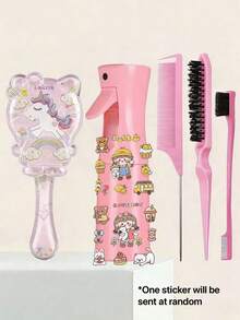 1/3/4/5/6/7pcs Hair Styling Tool Set, Includes Brush, Spray Bottle, Clear Water Bottle, Rat-Tail Comb, Hairline Shaping Brush, Suitable As New Year Gift For Girls, Comes With Cute DIY Stickers (Random Style) - Pink - View 14