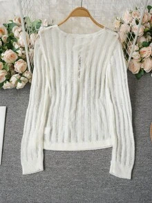 新款性感镂空系带针织毛衣，独特长袖套头衫，春夏款 - 乳白色 - 查看 7
