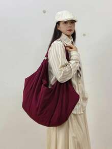 Large Capacity Plaid Pattern Shoulder Bag, Solid Color Nylon Water-Resistant Material, Minimalist Style Women's Crossbody Bag, Zipper Closure, Casual Practical Multipurpose Tote Bag, Suitable For Work, Study, Travel - Purple - View 9