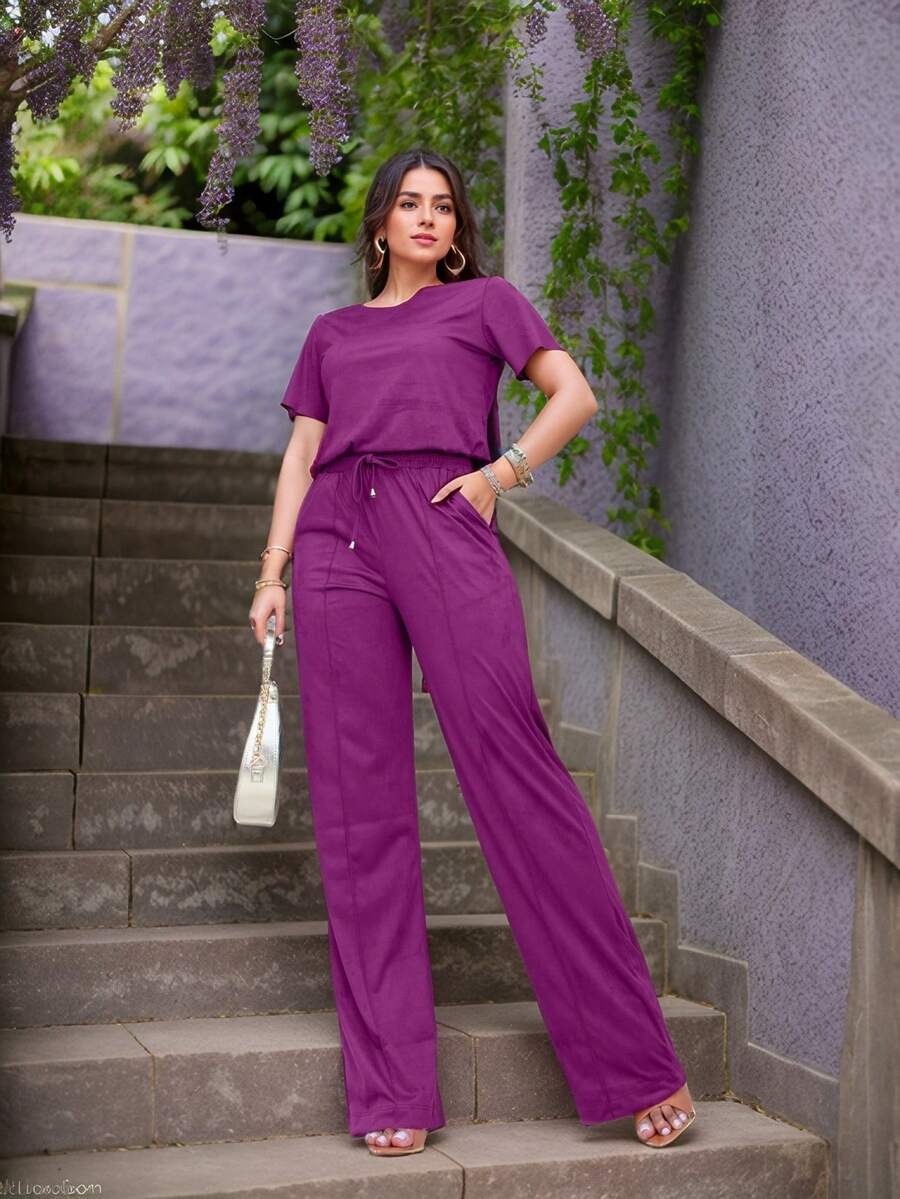 Suede Set: Wide-Leg Pants And Basic T-Shirt Blouse, Sizes M To EXG Plus Size - Purple - View 1