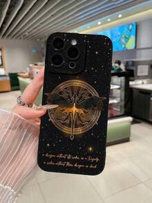 1pc Dark Style Dragon Pattern Slogan Phone Case, Black Matte Soft Anti-Fall Protective Cover, Paired With Starry Dragon Pattern Design, Fantasy Bookworm Aesthetic Style, Full Camera Protection, Compatible With IPhone & Galaxy - Black - View 2