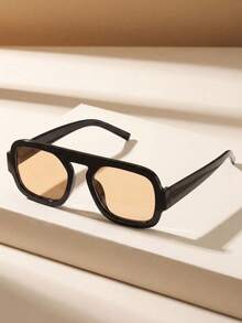 1 Pair Retro Square Frame Cute Unisex Sunglasses, Suitable For All Face Shapes, Essential For Outdoor Beach Vacation, Also A Great Gift For Friends And Family - Champagne - View 2