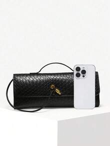 Women's Retro Minimalist Faux Woven Texture Angora Red Vintage Flap Lock Large Capacity Clutch Handbag, Shoulder Bag For Parties, Outings And Daily Use - 黑色 - 查看 4