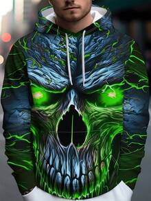 Men'S Casual Hoodie Featuring A Skull Graphic With Green Fangs And Surrounded By Green Flames, Creating An Eerie Vibe. Suitable Everyday Outings And Casual Gatherings, This Loose-Fitting Pullover Hoodie Is Versatile - styie1 - Xem 2