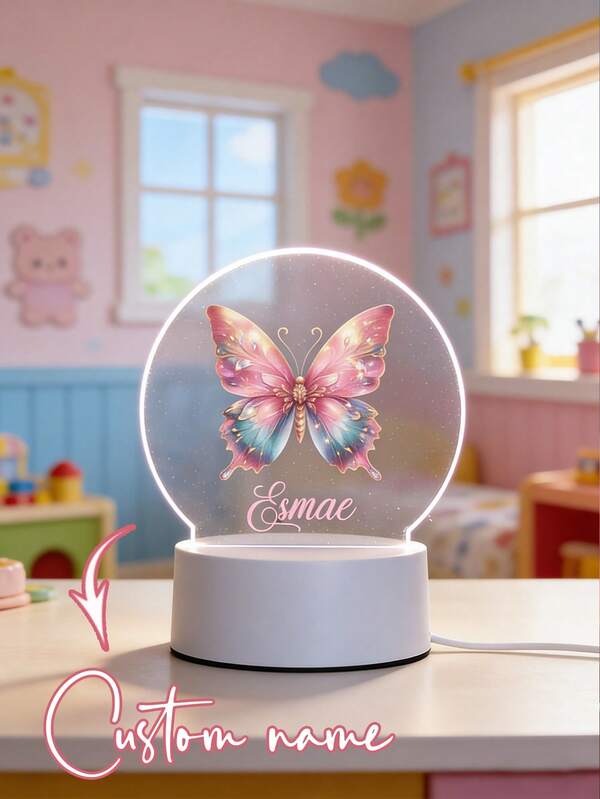1pc Personalized Transparent Acrylic Night Light With Pink Butterfly & Floral Pattern, Suitable For Children Or Friends. Features 3D Optical Illusion Effect And Warm LED Lighting, Decorative Table Lamp