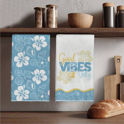 MEMNUN 2pcs Minimalist Summer Shell, Starfish & Floral Print Kitchen Towels, 15.75*23.62in(40*60cm) Super Soft Absorbent Microfiber Dish Cloths, Kitchen Decor, Home Accessories, Machine Washable, Suitable For Dining Room, Kitchen, Home Decoration And Gifts, All Seasons