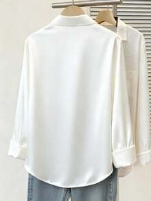 大码女式纯色休闲宽松长袖白色衬衫，春夏款 - 白色 - 查看 5
