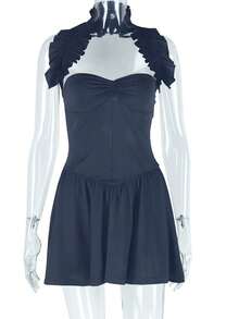 Casual Fashion Party Street Solid Color Slim Fitting Women's Sexy Backless Pleated A-Line Skirt Simple Hanging Neck Short Sleeveless Dress - màu đen - Xem 2
