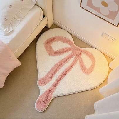1pc Heart Outline Bow-Knot Shaped Carpet, Sweet Style Bedside Decor Mat, Fresh And Healing, Full Of Girlish Charm, Multiple Sizes Available, Decorative Carpet, Bedroom Decor, Small Rug, Carpet, Home Decor, Living Room Carpet, Living Room Small Rug, Bedroom Carpet, Living Room Home Decor, Outdoor Carpet, Washable Carpet, Irregular Size, 1-5cm Trimming Error Allowed