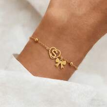 1条简约时尚蝴蝶结心形镂空字母金色不锈钢珠链手链，女士款 - 金黃色 - 查看 1