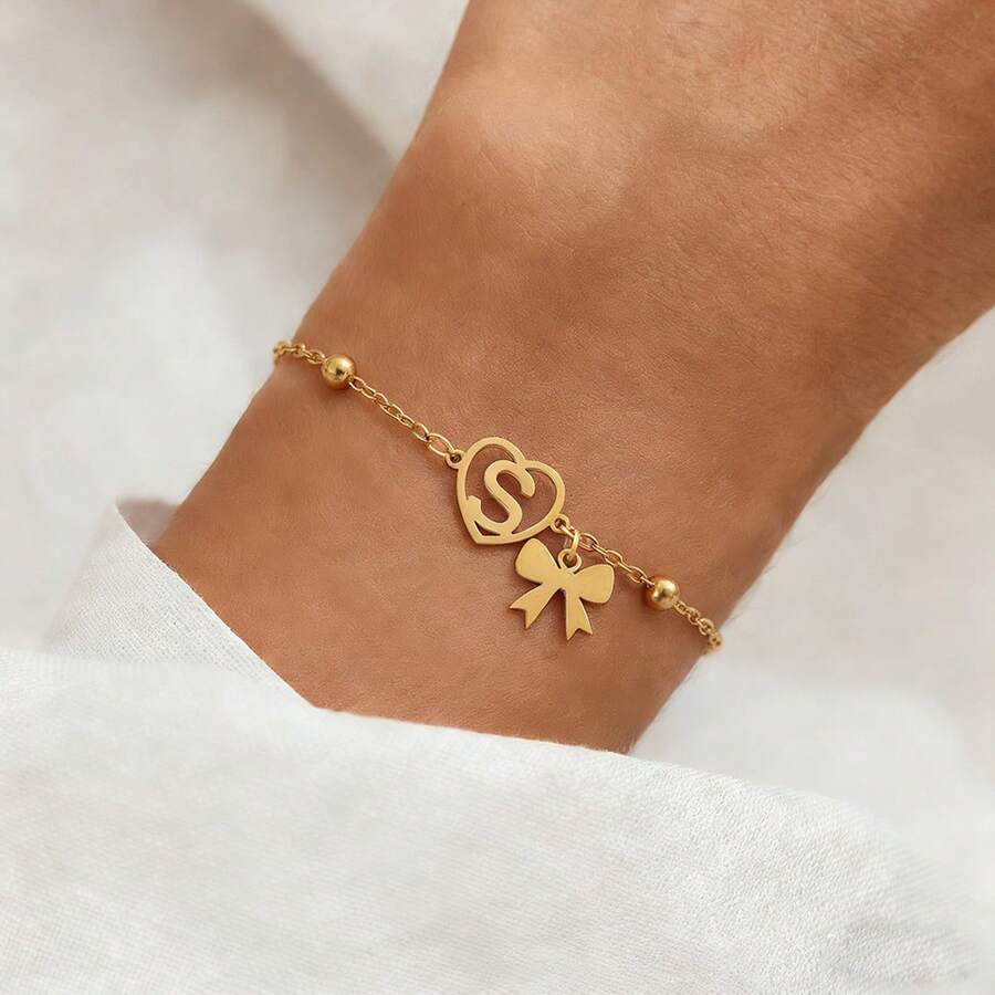 1条简约时尚蝴蝶结心形镂空字母金色不锈钢珠链手链，女士款 - 金黃色 - 查看 1