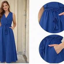 Elegant Women's Long Dress, Casual Chic, Perfect For Weddings, Parties, Bridesmaids, Graduations, Conservative Evangelical Fashion, Various Colors, With Padded Cups, Bow, And Sensual Fabric - 藍色 - 查看 2
