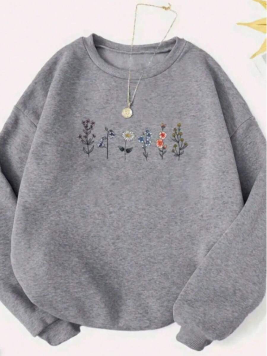 Moletom Feminina Gola Careca Estampa Florzinhas Jardim 159 Blusa de Frio Delicada Fofa Inverno Agasalho