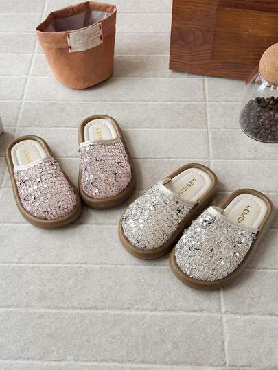 1双女童软底防滑网面亮片透气室内/室外拖鞋，时尚可爱舒适公主风一脚蹬凉鞋，适合夏季穿着