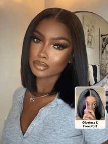 Wig No-Slip Drawstring Cap 7x5 Bye Bye Knots Lace Front Glueless Yaki Straight Bob Closure Wig 100% Human Hair With Face-Framing Layers Pre Cut Pre Plucked Pre Bleached Unice Wig - SNatural - View 3