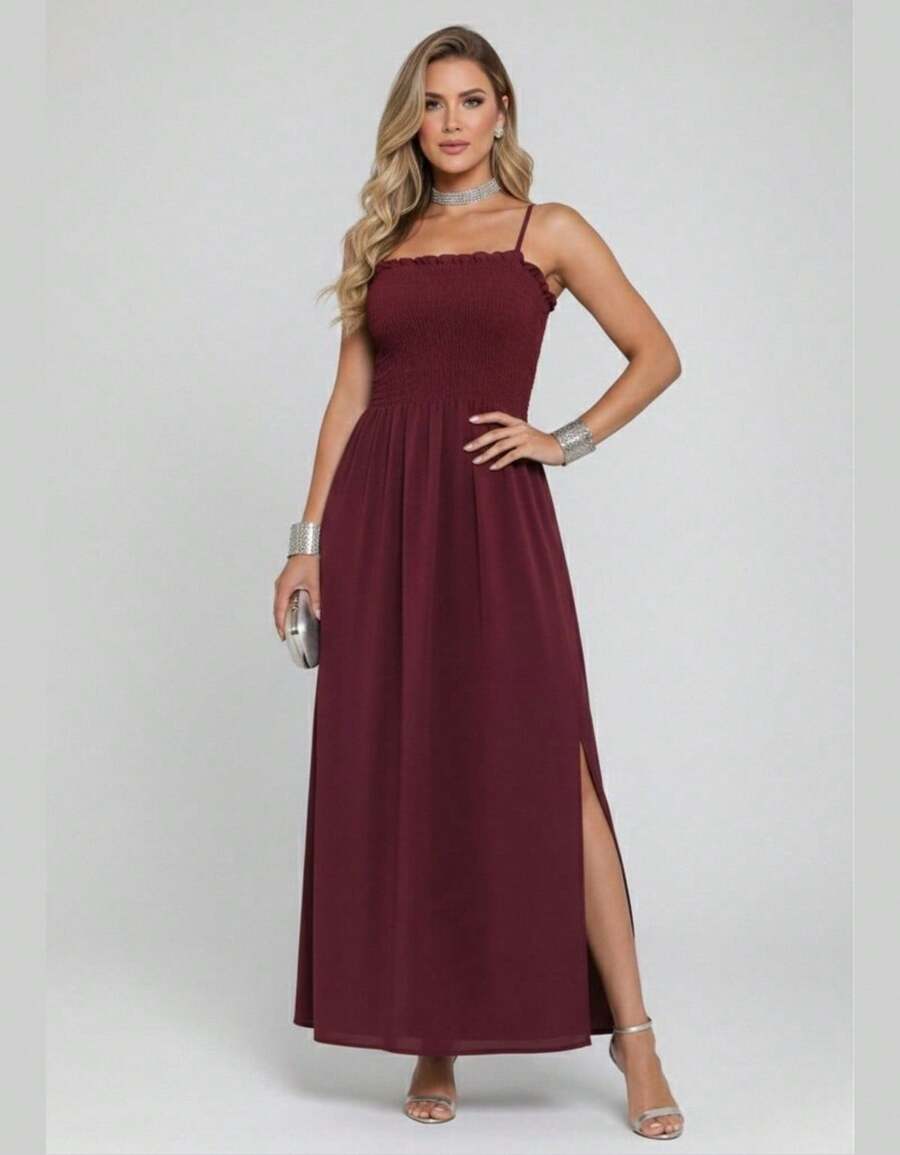 Women's Long Dress With Adjustable Straps And Elastic Waistband - Suitable For Evangelical And Work Fashion - Versatile And Elegant - On - 紅木色 - 查看 1
