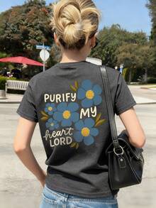 Tween Girls Students Casual Printed Round Neck Short Sleeve T-Shirt, Summer Top - Dark Grey - View 8