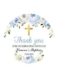 35张个性化洗礼感谢贴纸 - 圆形 (4x4厘米)，优雅的十字架和花卉设计，可定制活动详情，宗教场合的珍贵礼物，适合父母、教父母和家人使用，是洗礼、初领圣体和庆祝活动的理想之选，为礼品包装和场地装饰增添难忘的氛围 - 多色1 - 查看 15
