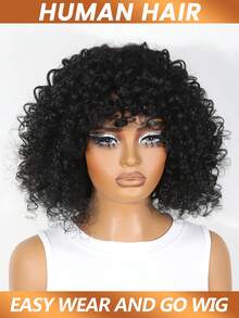 Short Curly Human Hair Wig With Bangs Water Wave Glueless Bob Wig Wear And Go No Lace Wigs Brazilian Virgin Human Hair Natural Black 180% Density - Natural Black - View 3