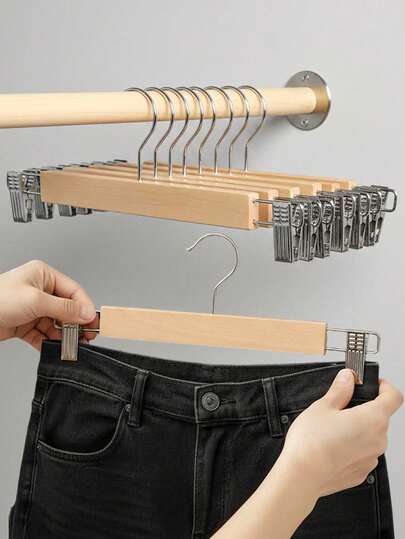 5/10pcs Wooden Pants/Clothes Hangers With Clips, Non-Slip Multipurpose Garment Hangers For Closet Organization And Space Saving, Premium Durable Wood Construction With Smooth Sliding Clips, Non-Slip Rubber Grips, Ideal For Jeans, Trousers, Skirts, Jackets, Coats, Blazers, Shirts, Dresses, Wardrobe Decor, Home Office Dorm Storage, Back To School Essentials, Mother's Day Gift, Gift Idea For Moms And Fashion Lovers