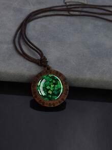 1PC Lucky Clover Pattern Wooden Pendant Necklace, With Dome Glass Inlay And Rope Chain, Suitable For Daily Matching Or Holiday Gifts. - Brown - View 19