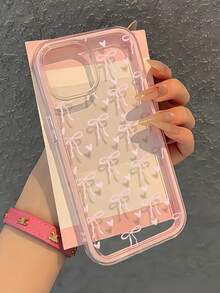 1 pieza Funda de teléfono con patrón de corazón con lazo rosa, lente transparente minimalista, protección contra caídas y choques, personalizada para iPhone 16 Pro Max, 17/16/15/14 Plus/13/12/11, Air - Multicolor - Ver 2