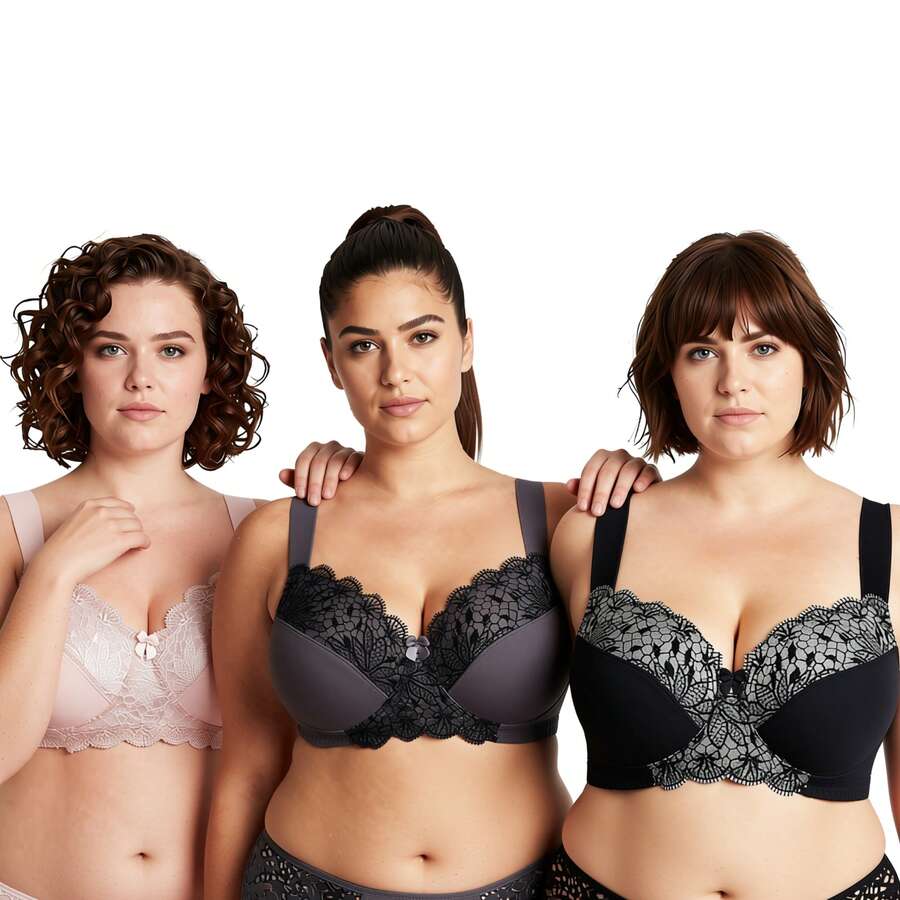 Plus Size Unlined Minimizer Wirefree Bras With Embroidery Lace - Pink,Black,Gray(3 Pack) - View 1
