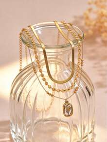 VceTd 高品质多层不锈钢项链，采用扁平蛇骨链、串珠花链和不对称方形玫瑰吊坠，是一款百搭配饰，适合男女日常佩戴和半正式场合。 - 金黃 - 查看 6