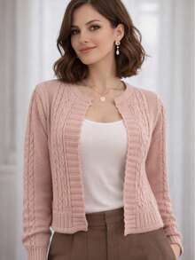 Women's Winter Knit Coat, Open-Knit, No Buttons, Braided Sleeve Detail, Short Cardigan. - 粉紅色的 - 查看 1