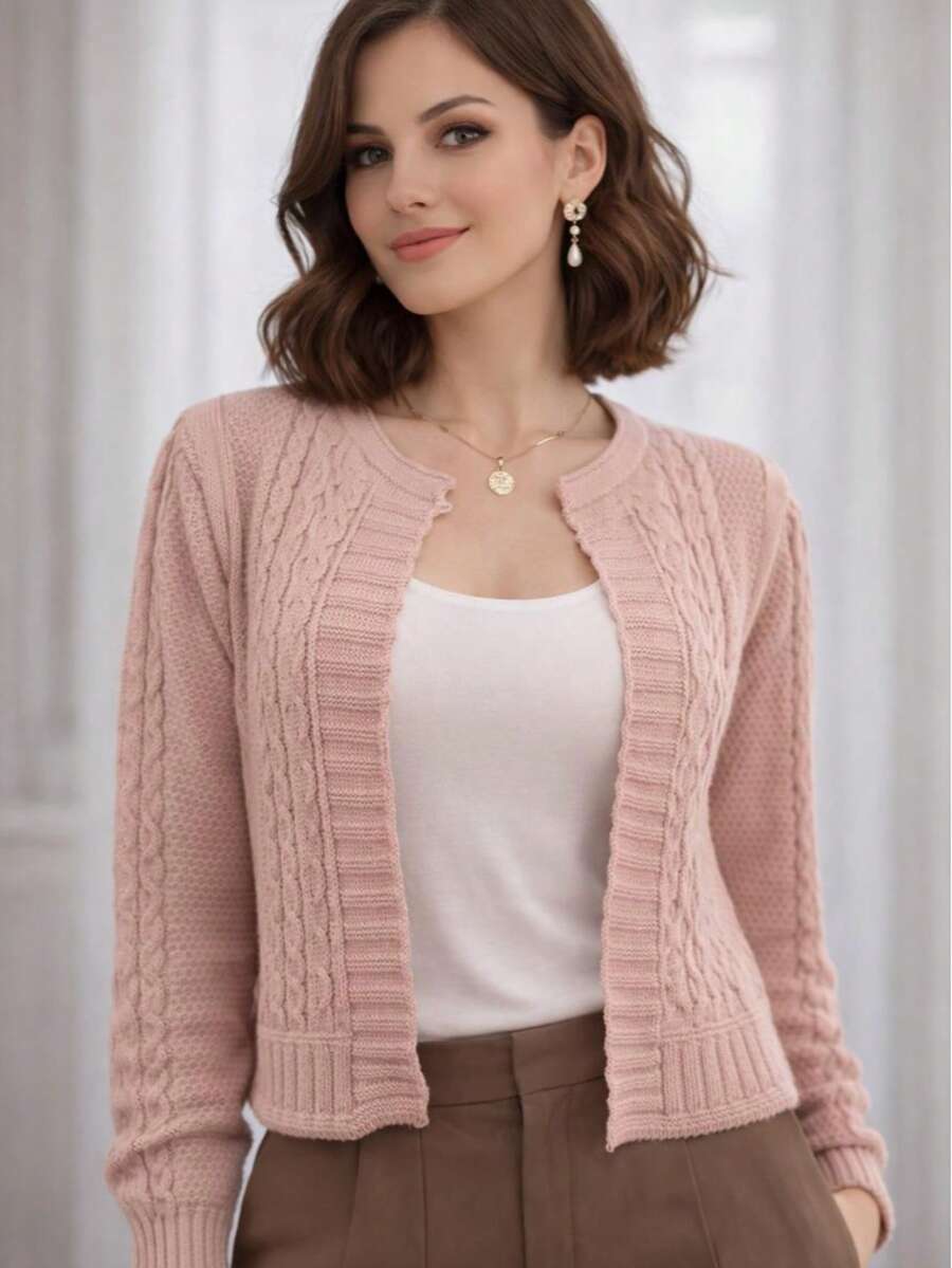 Women's Winter Knit Coat, Open-Knit, No Buttons, Braided Sleeve Detail, Short Cardigan. - 粉紅色的 - 查看 1