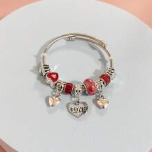 1pc Bohemian Style Heart Pendant LOVE Beaded Stainless Steel Circle Silver Women Bracelet, Daily Wear Gift - Love - View 2