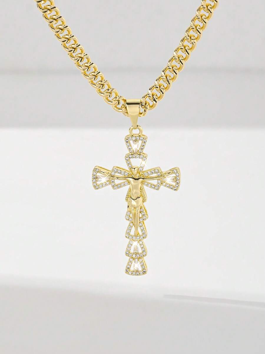 1件欧美经典铜镶嵌锆石嘻哈风格耶稣十字架吊坠项链,限量版“守护之光”,适合作为圣诞节/感恩节/万圣节/母亲节/情人节礼物送给情侣/朋友/信徒,天主教初领圣体礼物,日常及节日祈祷佩戴。 - 金黃色 - 查看 1