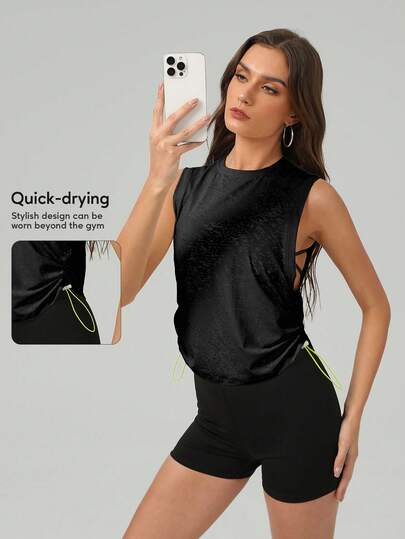 Women's Jacquard Semi-Sheer Adjustable Drawstring Loose Workout Activewear Top Black