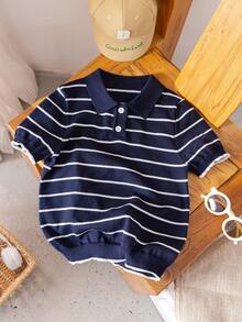 Boys' Striped Collar Polo Shirt, Patchwork Color, Short Sleeve, Lightweight Knit Sweater, Buttoned, Suitable For School, Everyday Wear, Spring, Summer, Autumn - Navy Blue - View 2