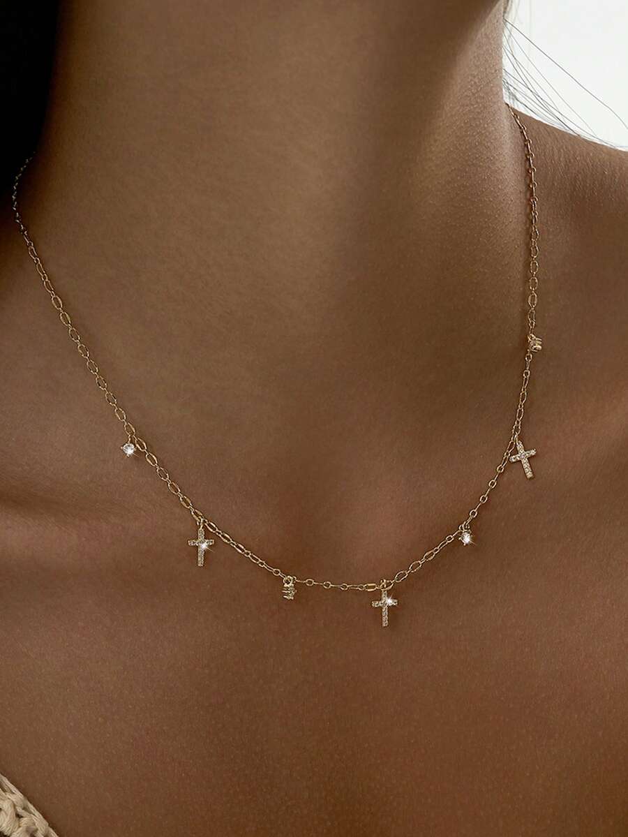 Nooxian 1件女士项链，多层精致铜镶嵌锆石十字架吊坠迷你锆石流苏颈链，日常佩戴及派对配饰礼品