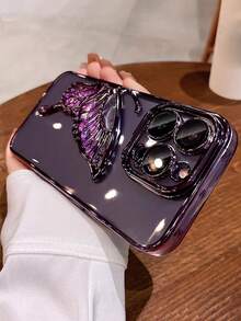 Elegant Glitter Butterfly Stand Phone Case For IPhone 17 Pro Max/16/15/14/13/12/11, Transparent With Lens Film, Full-Body Shockproof Silicone Cover - Purple - View 4