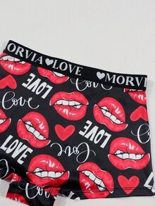 Dircho 3条装女士心形和玫瑰嘴唇印花撞色包边平角内裤，舒适柔软丝滑弹力腰带贴身内裤，女士内衣裤 - 彩色 - 查看 3