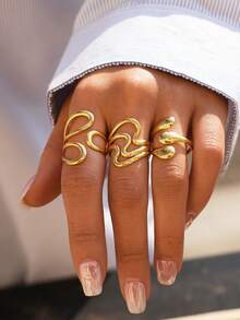 3pcs/1pc Delicate Wave Opening Gold Stainless Steel Ring Set, 18K Gold Plated Adjustable Finger Ring, Minimalist Stackable Jewelry, Perfect Gift For Girlfriend, Wife And Best Friend On Birthday, Anniversary - Multicolor - View 3